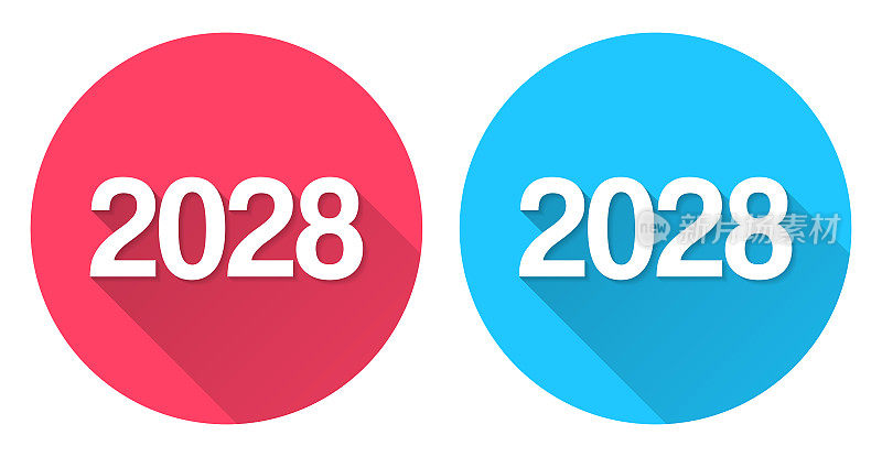 2028年- 2008年。圆形图标与长阴影在红色或蓝色的背景